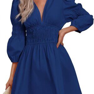 Women's Cotton V Neck Mini Dress Puff Long Sleeve Smocked Waist Casual